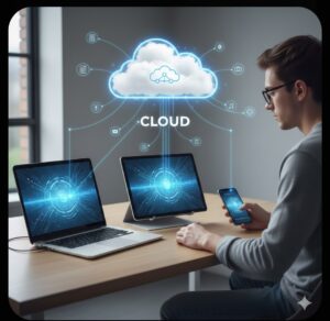 image of a person accessing various devices (laptop, phone, tablet) connected to a central cloud
