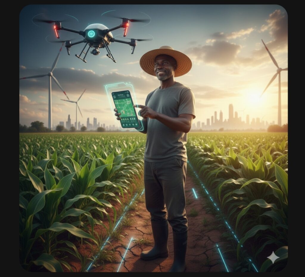 drone flying over Nigerian farmland with farmer observing tablet